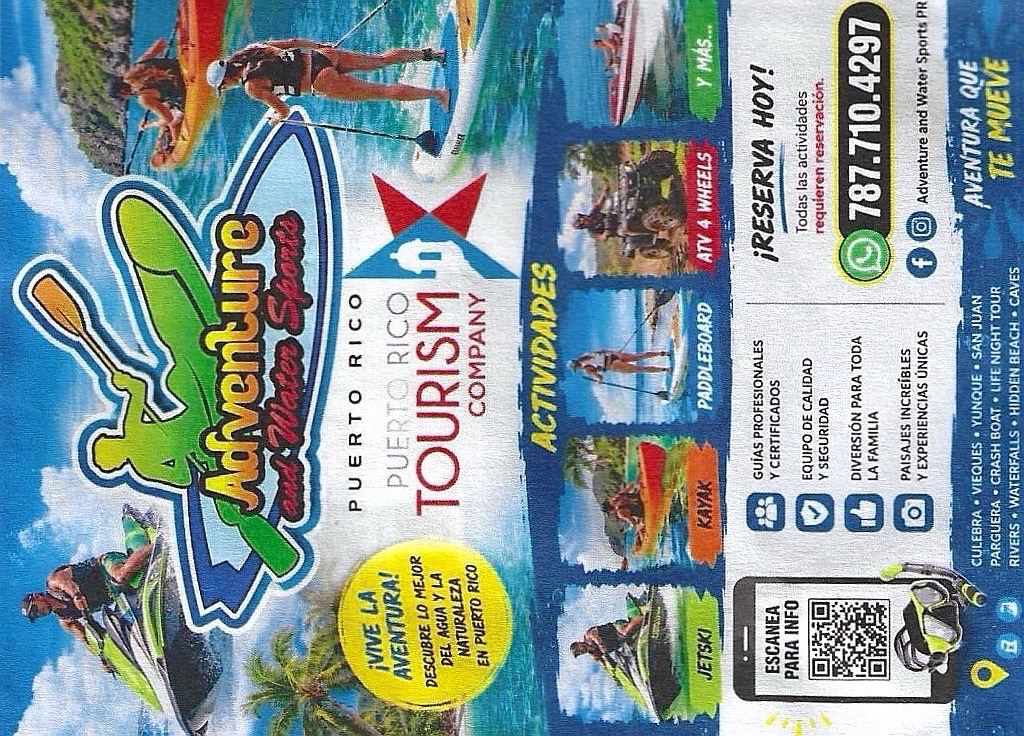Adventure and Water Sports PR flyer — jet ski, kayak, paddleboard, ATV tours. Scan the QR code for info.