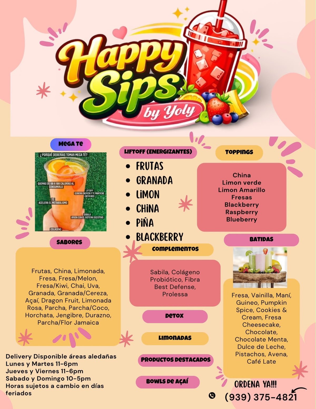 Happy Sips by Yoly menu — smoothies, energy teas, lemonades, açaí bowls, toppings and add-ins