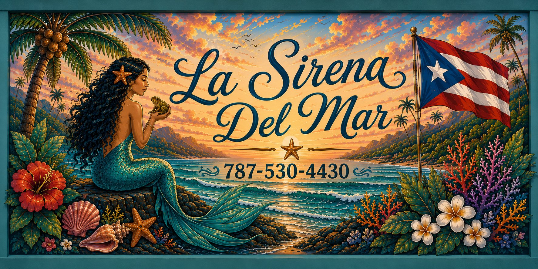 La Sirena del Mar mural — mermaid with hibiscus over a Caribbean sunset